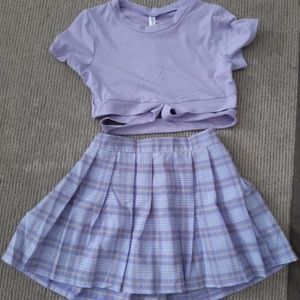 Casual Pleated Skirt Set with Crop Top T-Shirt